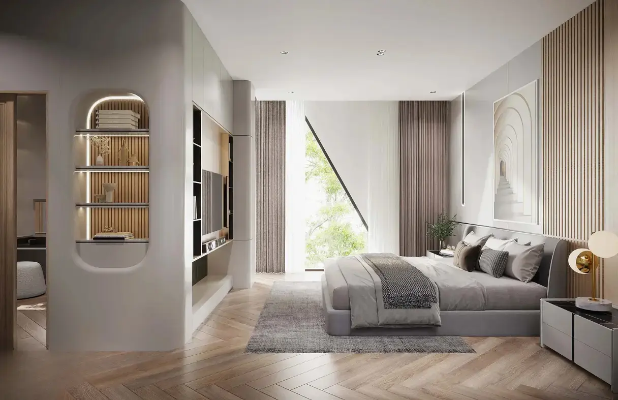 Master bedroom of a modern villa in Da Nang designed for comfort with natural light and clean aesthetics