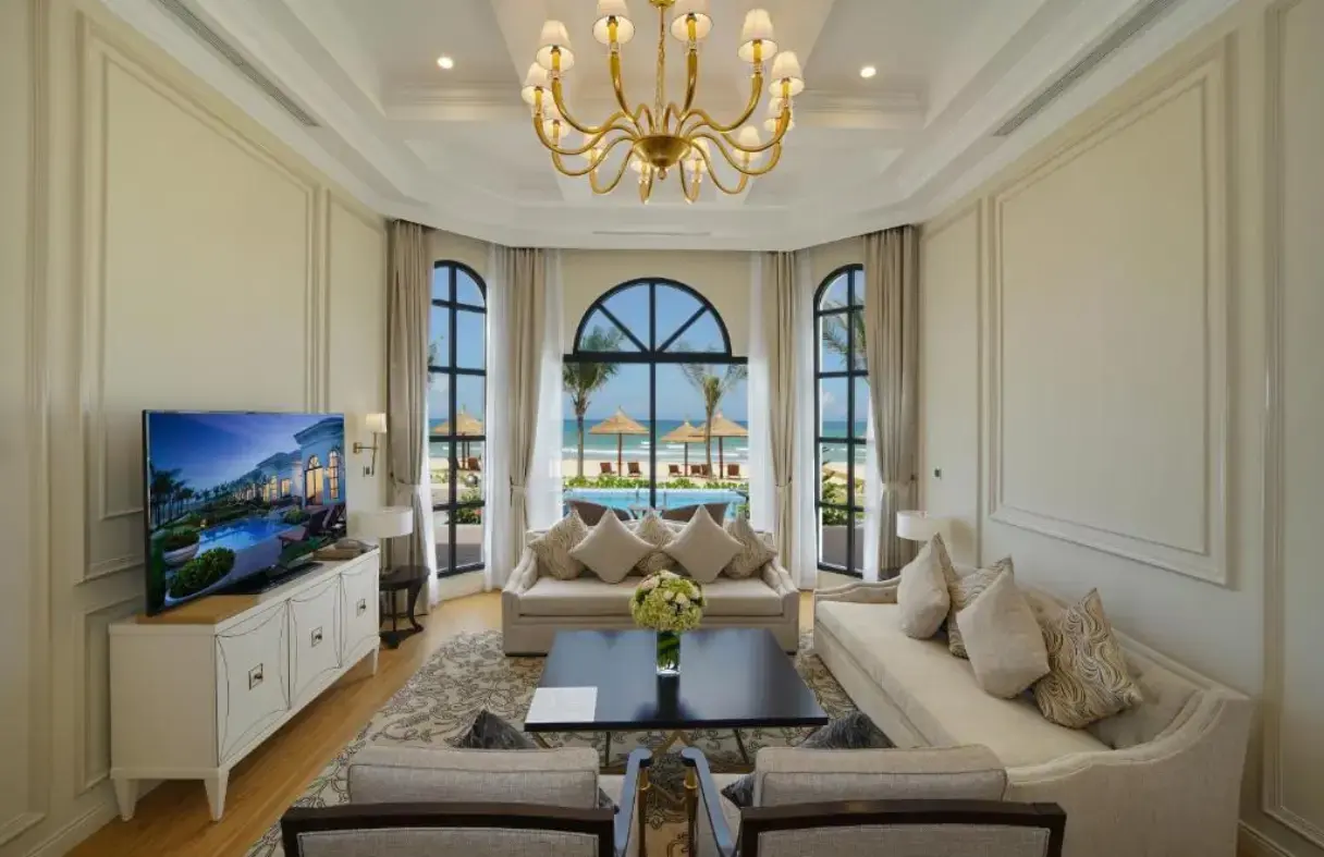 Spacious living room in a Da Nang villa designed for 8 to 10 guests