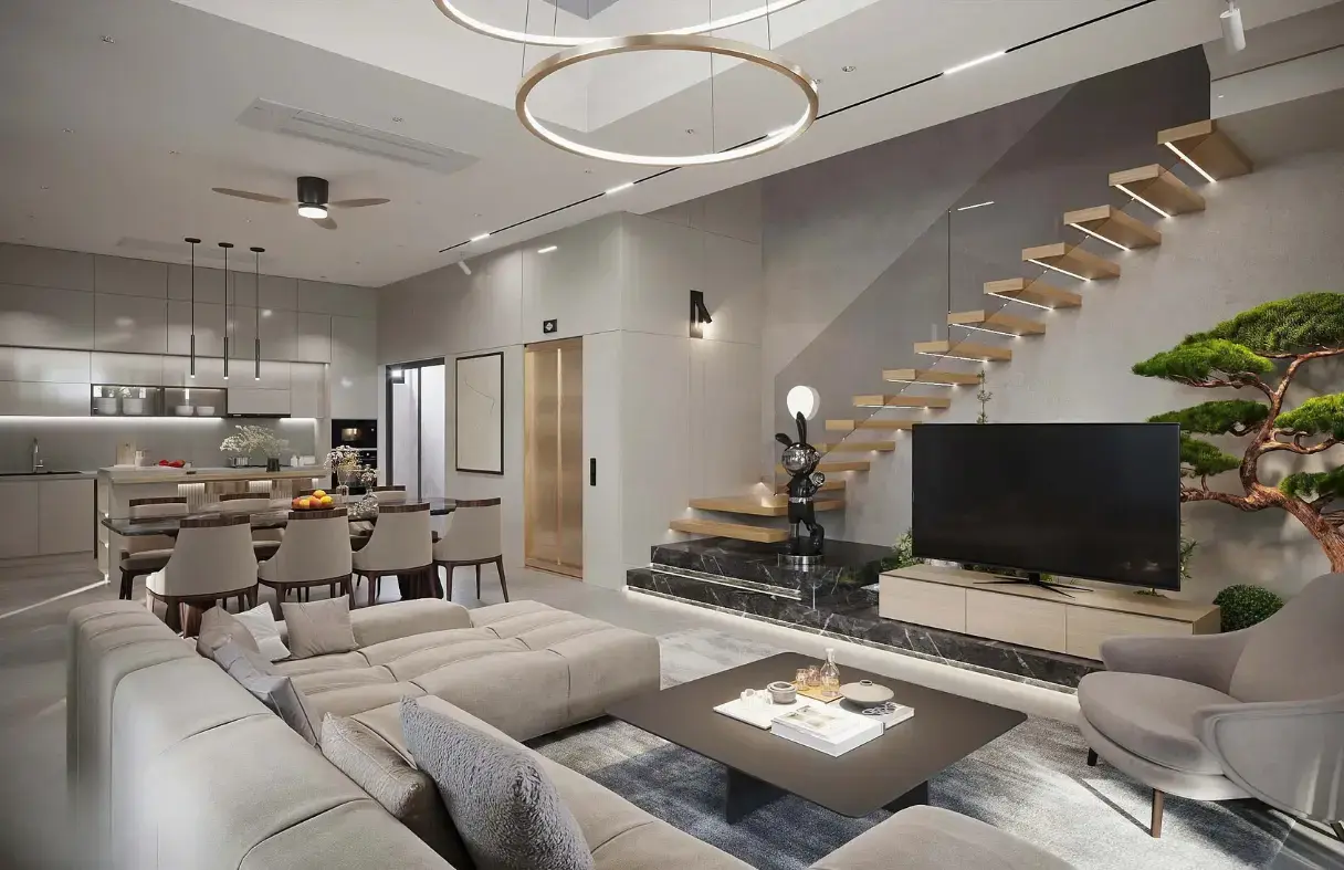 Phòng khách villa hiện đại tại Đà Nẵng với thiết kế không gian mở, ánh sáng tự nhiên và nội thất tối giản