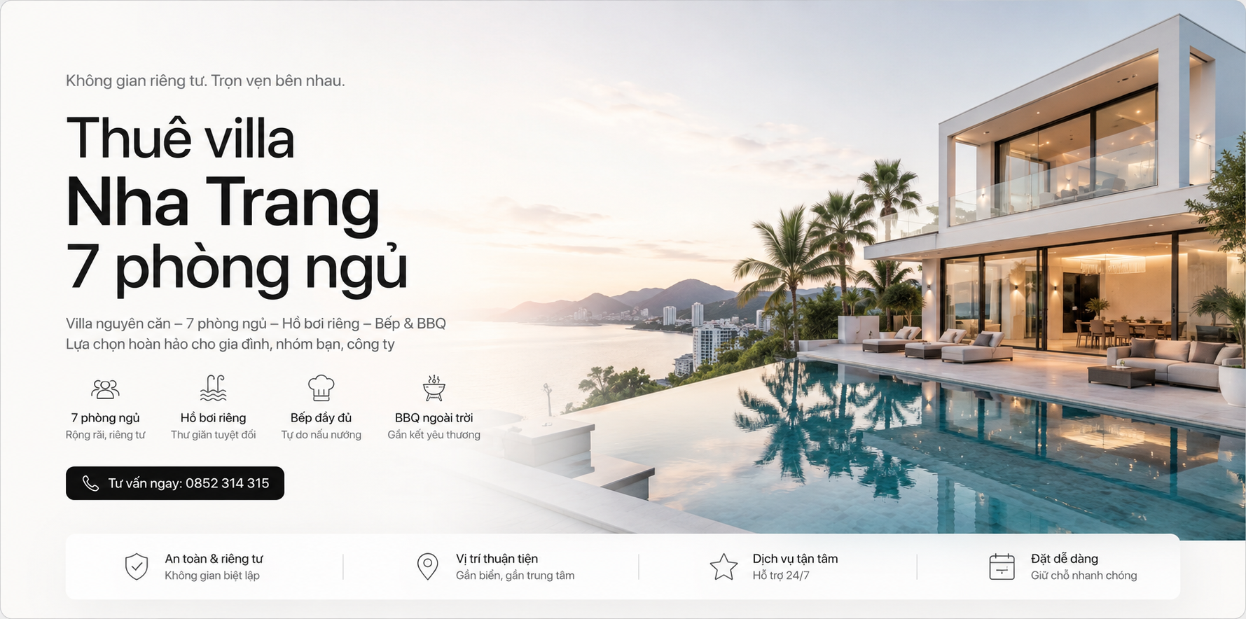 Thuê villa Nha Trang 7 phòng ngủ: Kinh nghiệm chọn villa đẹp, riêng tư và phù hợp cho gia đình, nhóm bạn, công ty