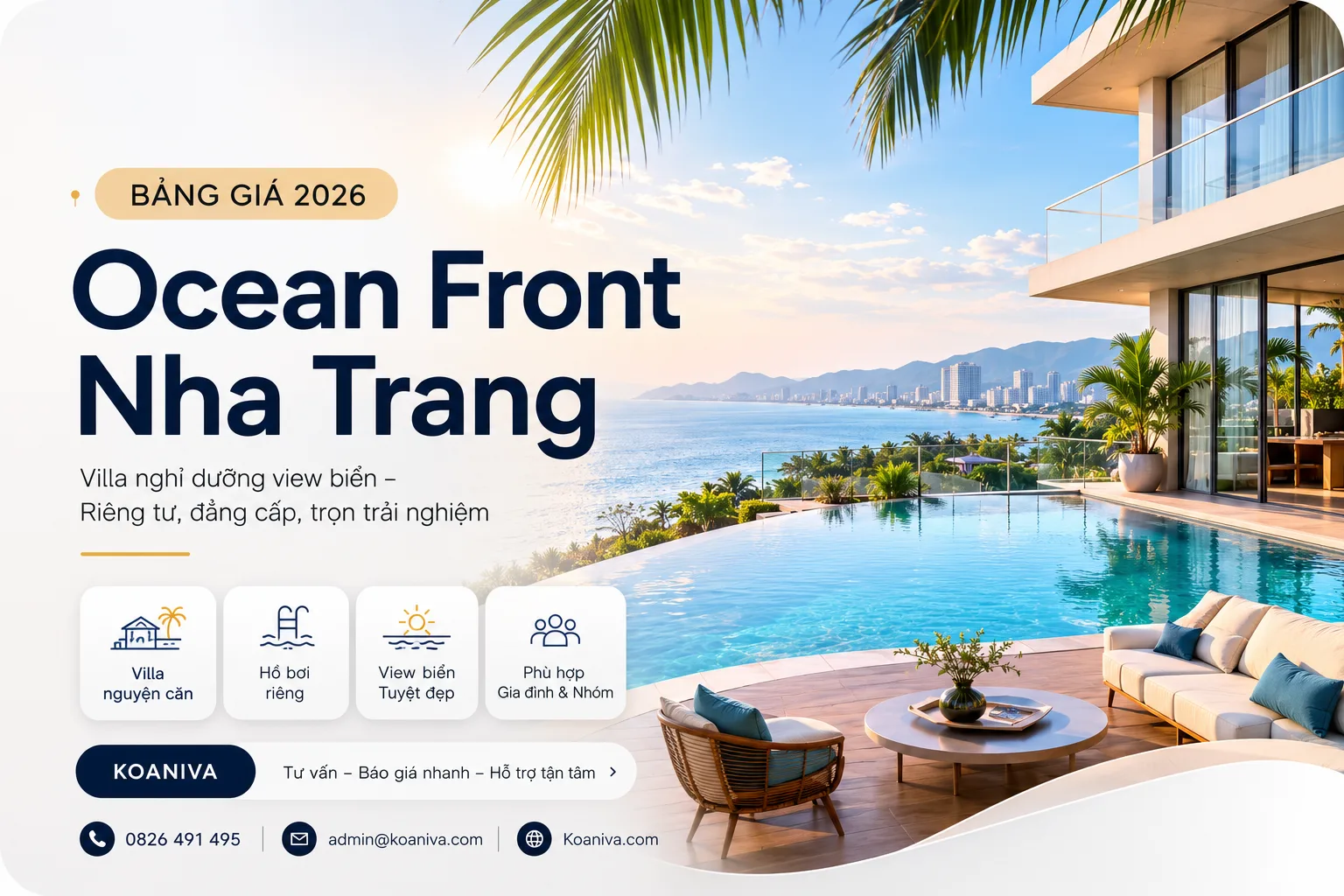 Bảng giá Ocean Front Nha Trang 2026: Giá thuê villa, phụ thu và kinh nghiệm đặt phòng