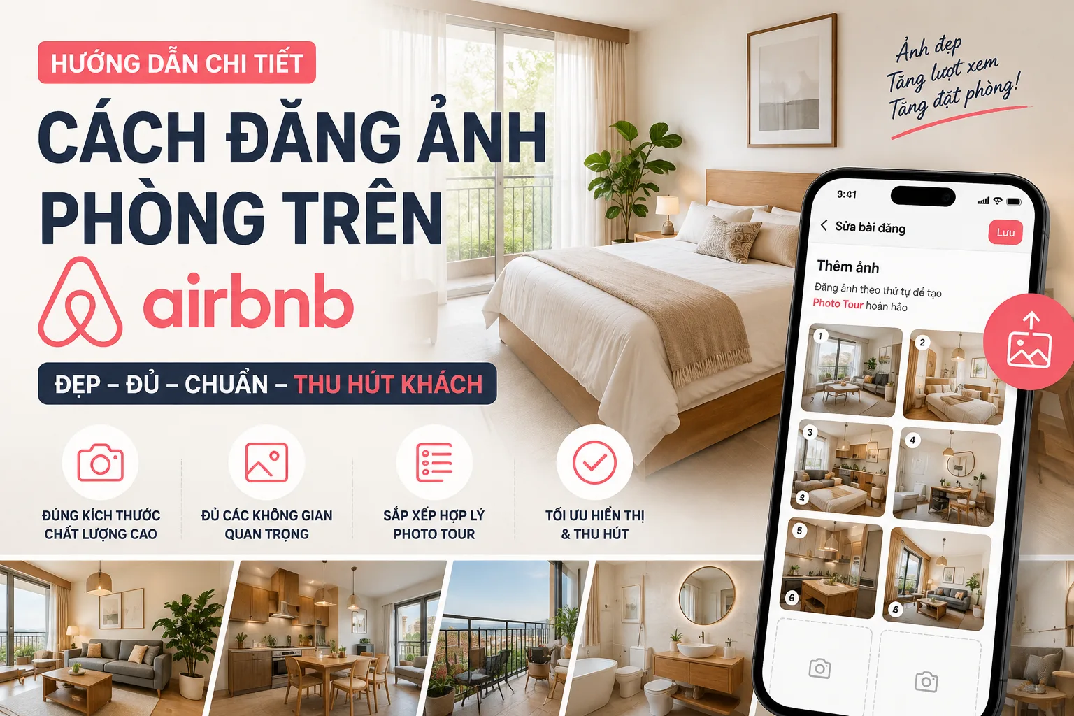 Cách đăng ảnh phòng trên Airbnb: Hướng dẫn sắp xếp ảnh rõ ràng, đúng từng không gian