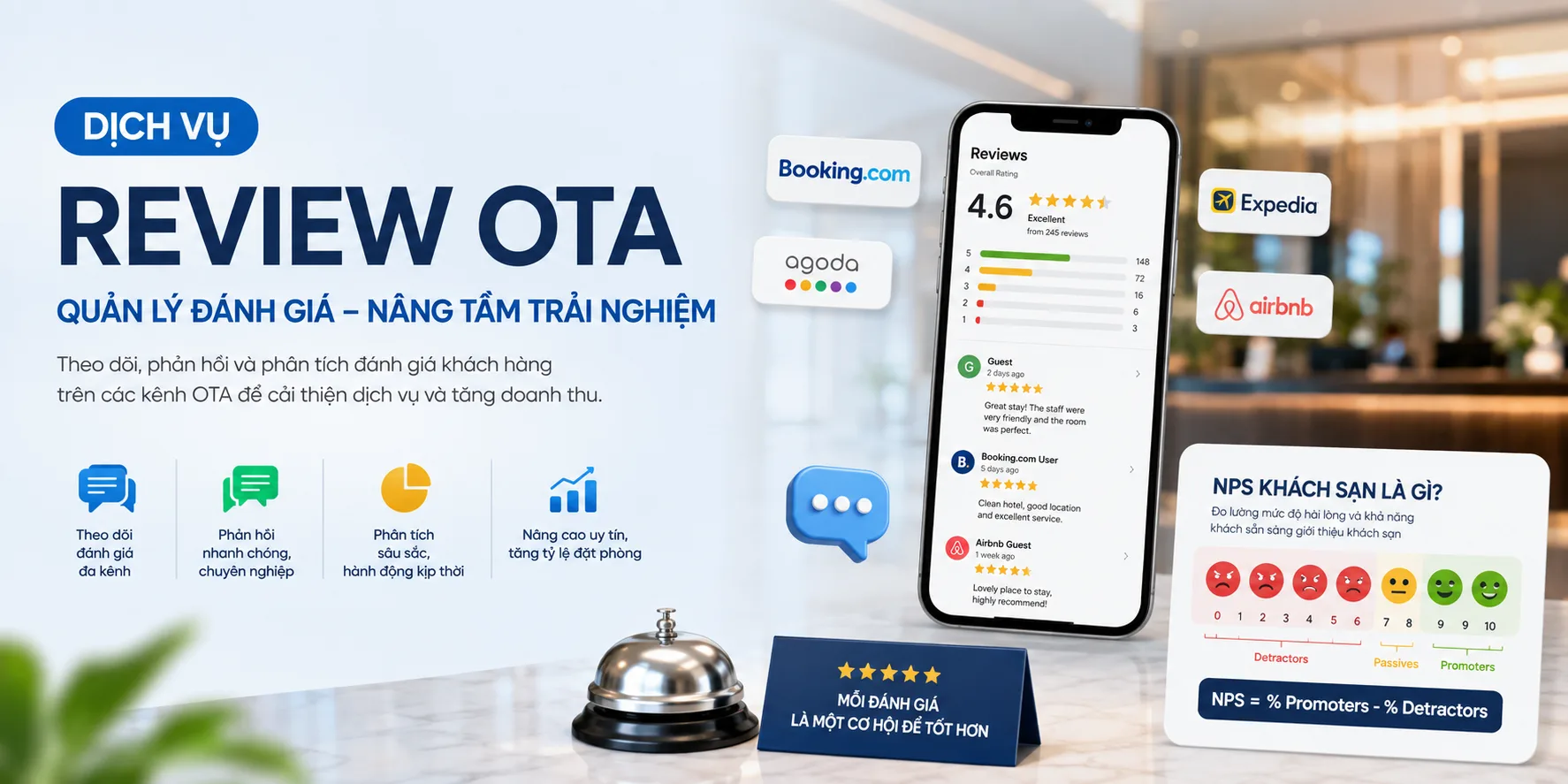 Dịch vụ review OTA: Quản trị đánh giá khách sạn và đo lường NPS hiệu quả