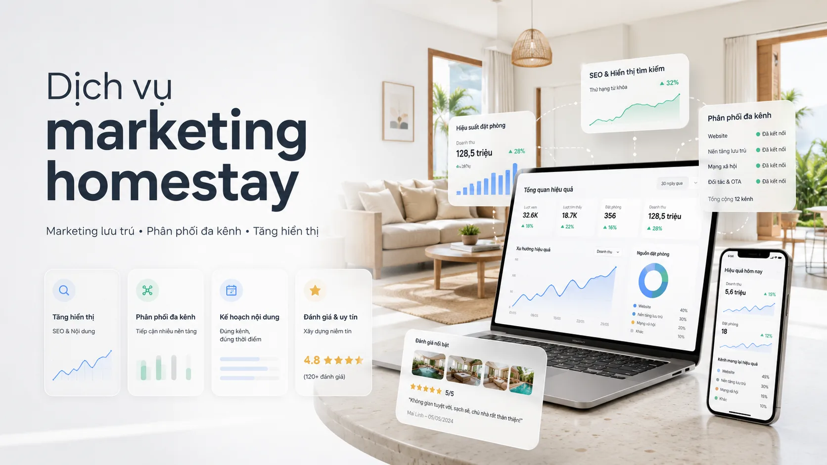 Dịch vụ marketing homestay: Xây hệ thống bán phòng, phân phối đa kênh và tăng hiển thị