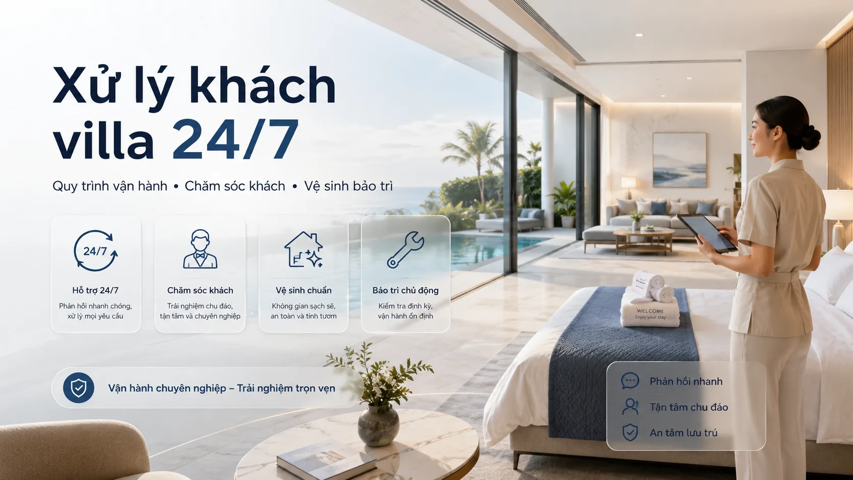 Xử lý khách villa 24 7: Quy trình chăm sóc khách, vệ sinh và bảo trì liên tục