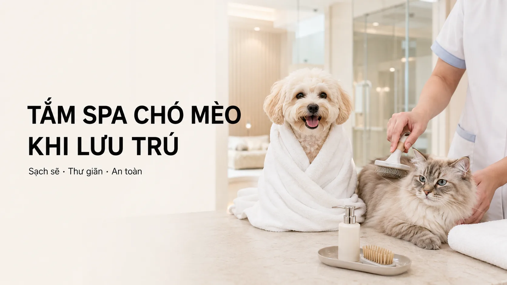 Tắm spa chó mèo khi lưu trú: Quy trình an toàn và những điều cần chuẩn bị