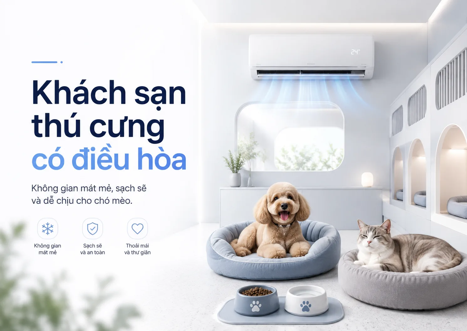 Khách sạn thú cưng có điều hòa: Cách chọn nơi ở mát, sạch và phù hợp cho chó mèo